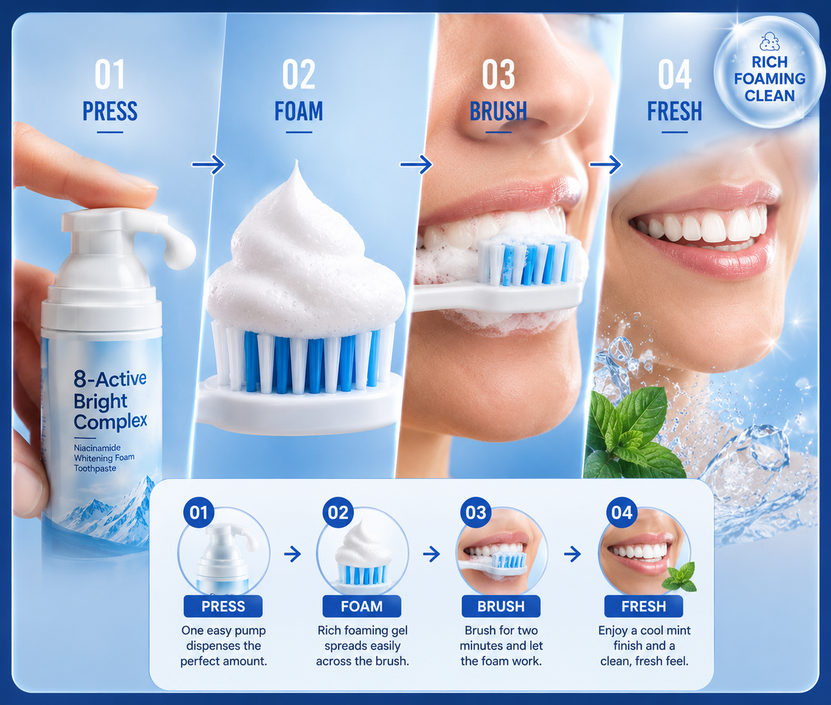 Foaming toothpaste pump dispensing foam onto a toothbrush